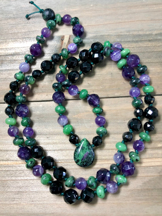 Ruby and Zoisite Onyx Amethyst Handknotted Necklace