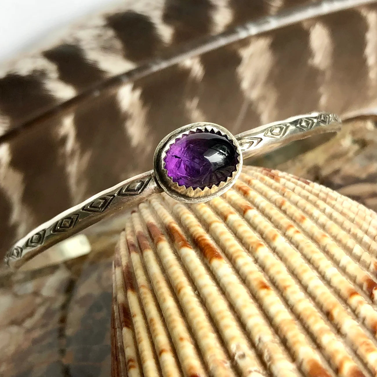 Amethyst & Sterling Silver Diamond Stamped Cuff SIZE 7-8"